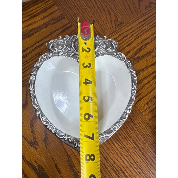 Hollywood Regency Style Heart Shaped Ceramic Trinket Dish Silver Trim - Picture 2 of 5